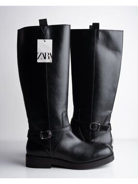 Zara Womens Riding Boots faux leather knee high Black US 10 EU 41 NWD 1012/410